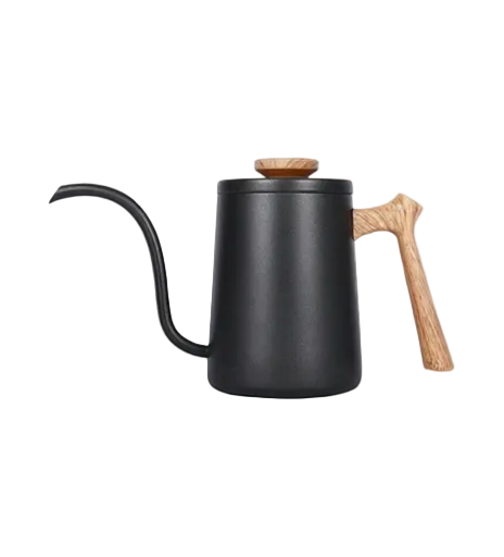 Black kettle with wooden handle and lid on a white background