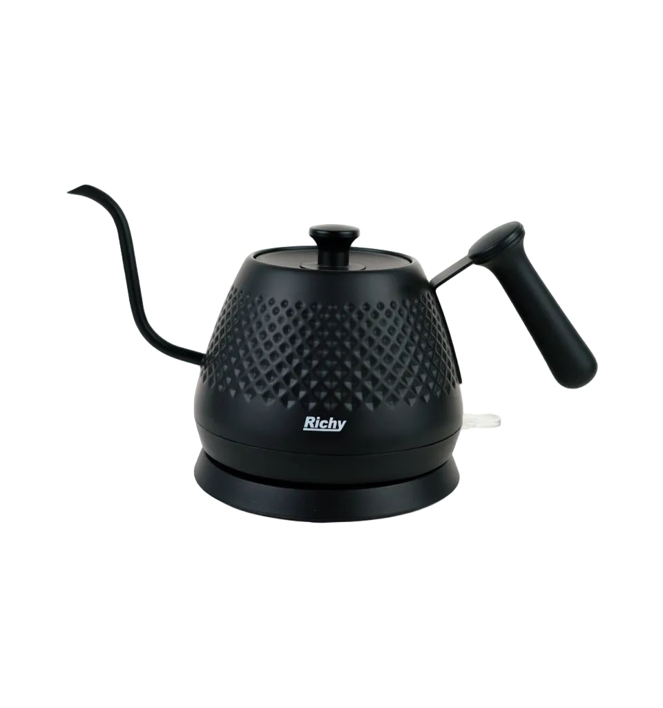 Black electric kettle with textured surface and 'Richy' branding on a white background