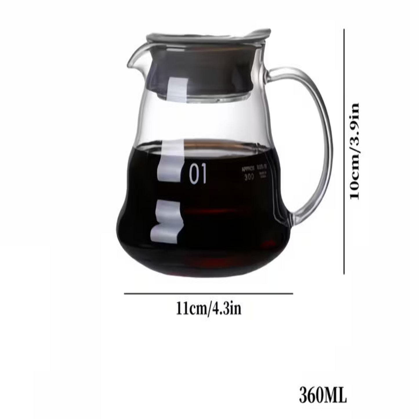 Clear glass coffee pour-over carafe with a handle and spout, filled with dark coffee, shown on a white background with dimension lines indicating 11cm width, 10cm height, and 360ML volume.