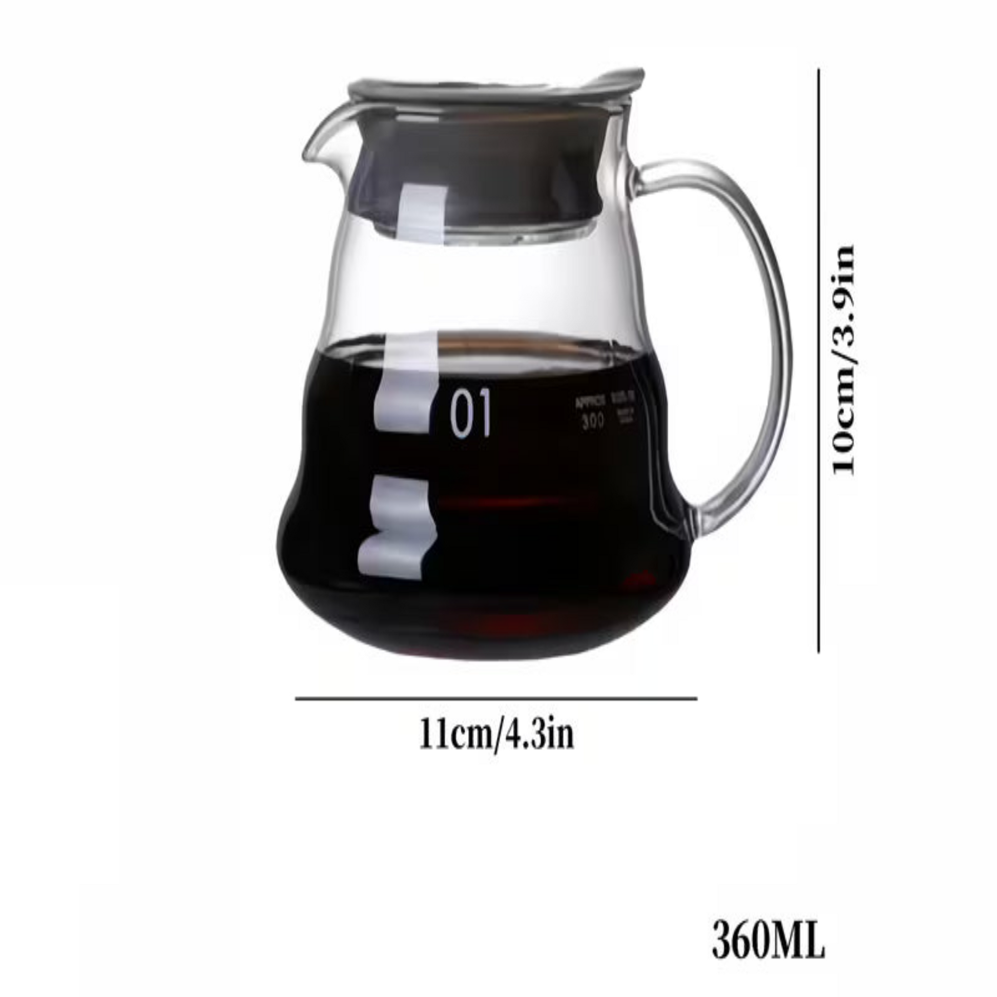 Clear glass coffee pour-over carafe with a handle and spout, filled with dark coffee, shown on a white background with dimension lines indicating 11cm width, 10cm height, and 360ML volume.