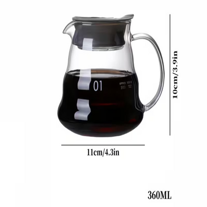 Clear glass coffee pour-over carafe with a handle and spout, filled with dark coffee, shown on a white background with dimension lines indicating 11cm width, 10cm height, and 360ML volume.